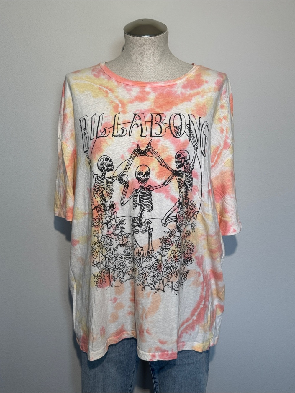Billabong Tie-Dye Skeleton Band Tee - Pink, Yellow & White